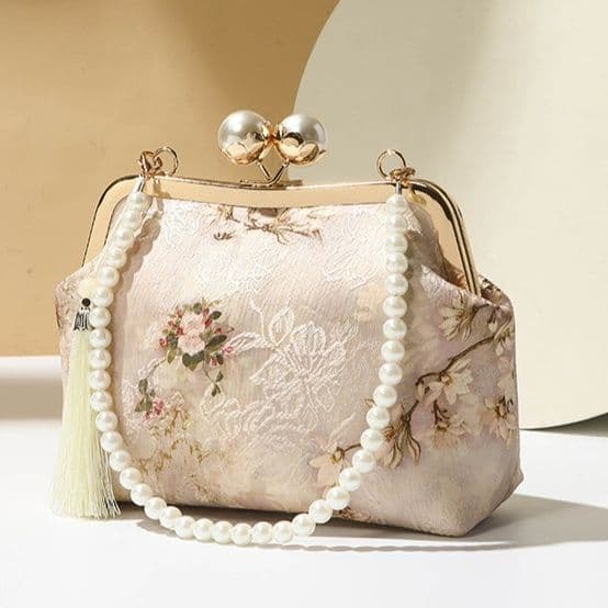 着物バッグ 花刺繍がま口パール持ち手ショルダーバッグ