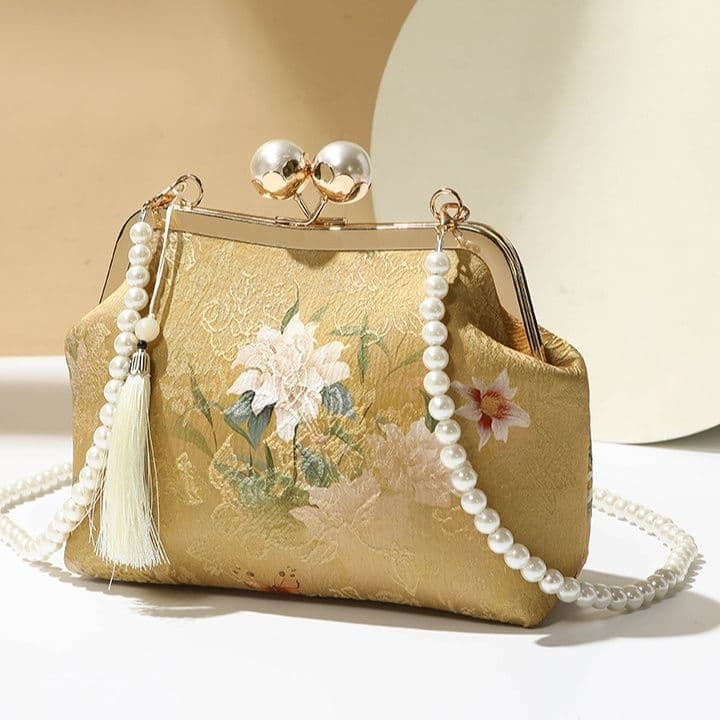 着物バッグ 花刺繍がま口パール持ち手ショルダーバッグ