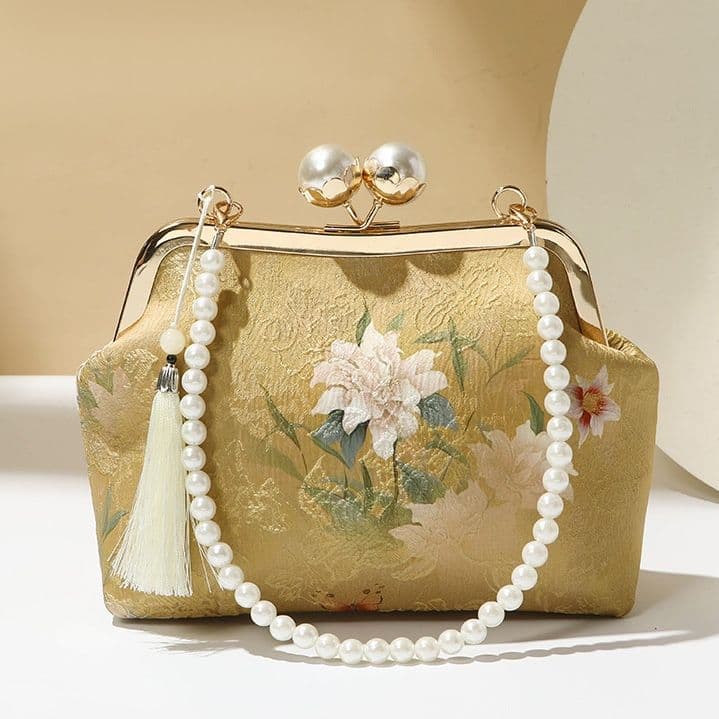着物バッグ 花刺繍がま口パール持ち手ショルダーバッグ