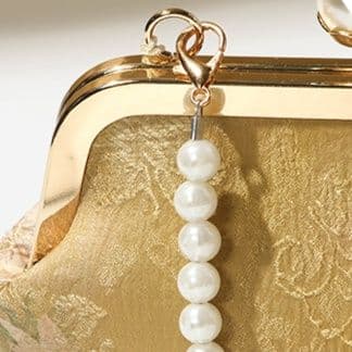 着物バッグ 花刺繍がま口パール持ち手ショルダーバッグ