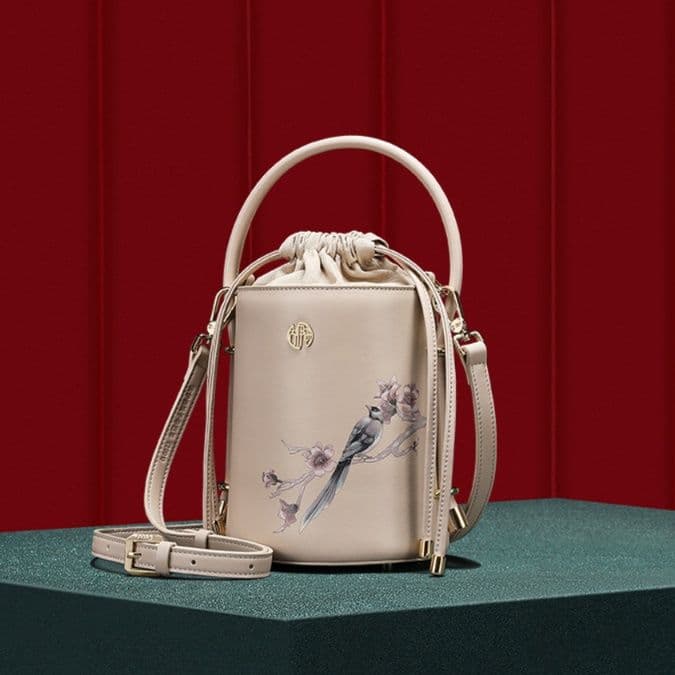 着物バッグ ショルダーバッグ 花鳥画筒型ショルダー巾着
