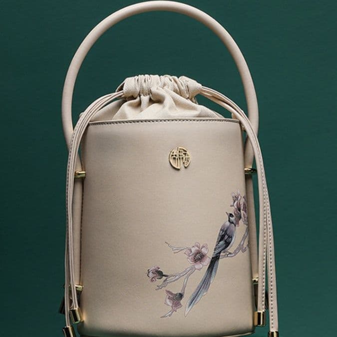 着物バッグ ショルダーバッグ 花鳥画筒型ショルダー巾着