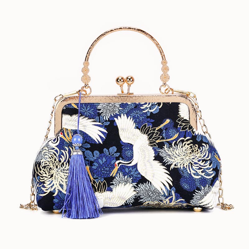着物バッグ クラッチバッグ 鶴と菊 がま口クラッチバッグ