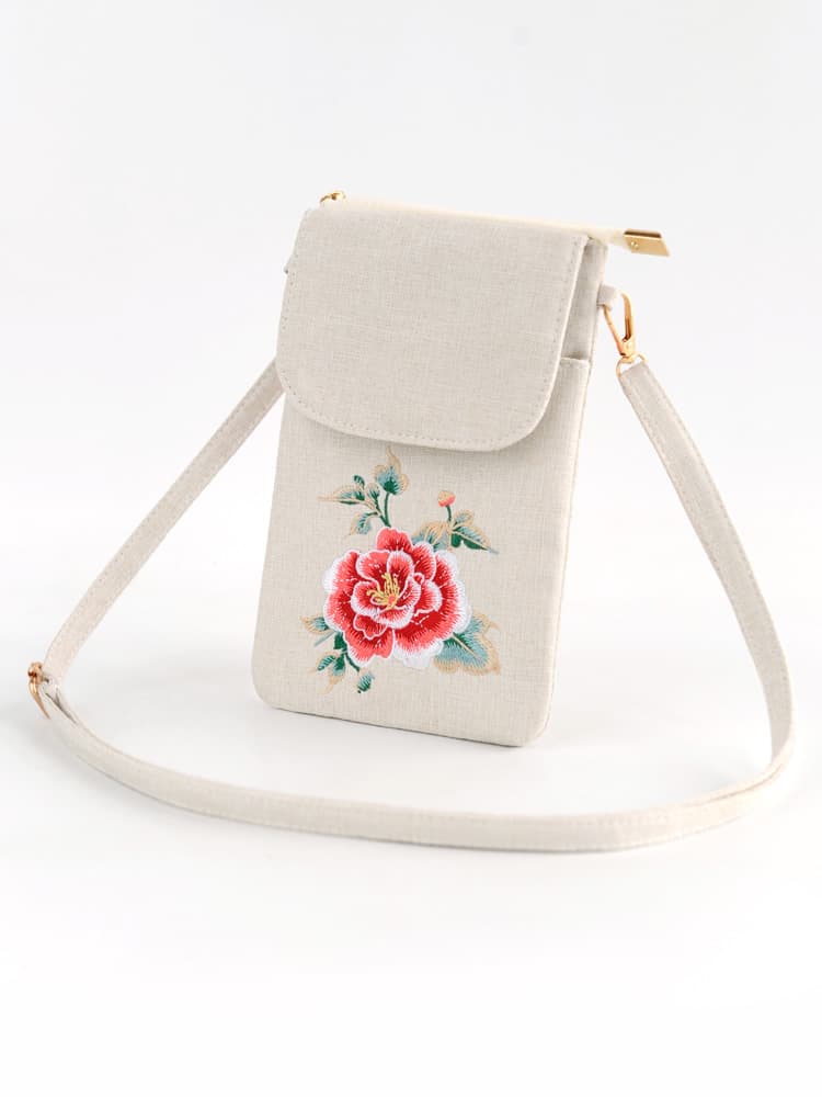 着物バッグ ショルダーバッグ 牡丹刺繍の縦型スマホポーチ