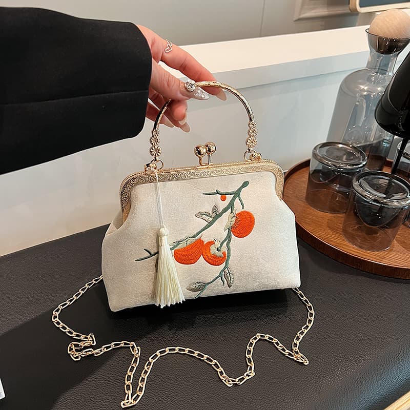 着物バッグ ショルダーバッグ 実り香る柿刺繍がま口ショルダー