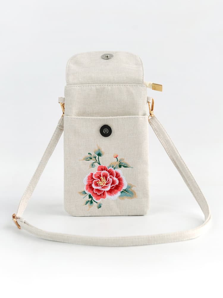 着物バッグ ショルダーバッグ 牡丹刺繍の縦型スマホポーチ