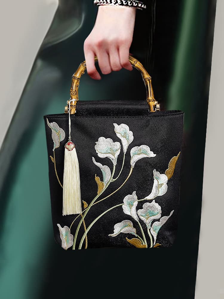 着物バッグ トートバッグ 花舞う竹手持ち刺繍トート