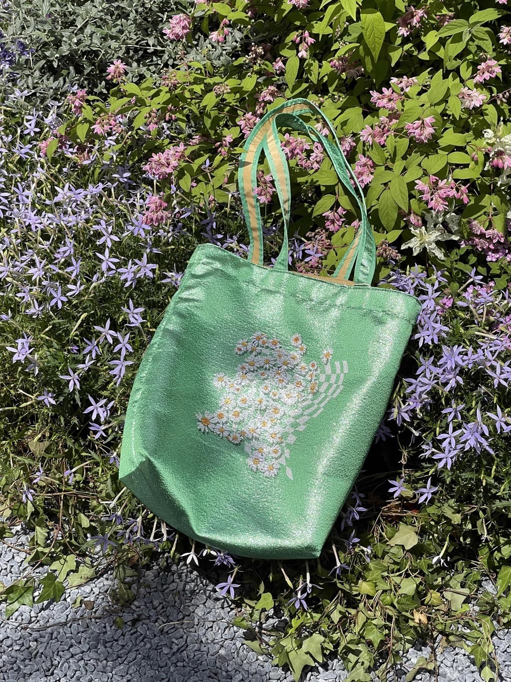 着物バッグ 花の庭 チューリップ刺繍トートバッグ