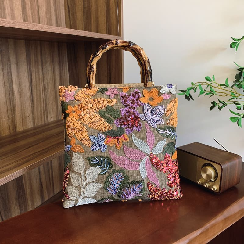 着物バッグ トートバッグ 花園刺繍竹取トートバッグ