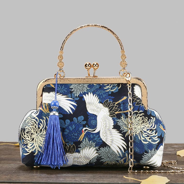 着物バッグ クラッチバッグ 鶴と菊 がま口クラッチバッグ