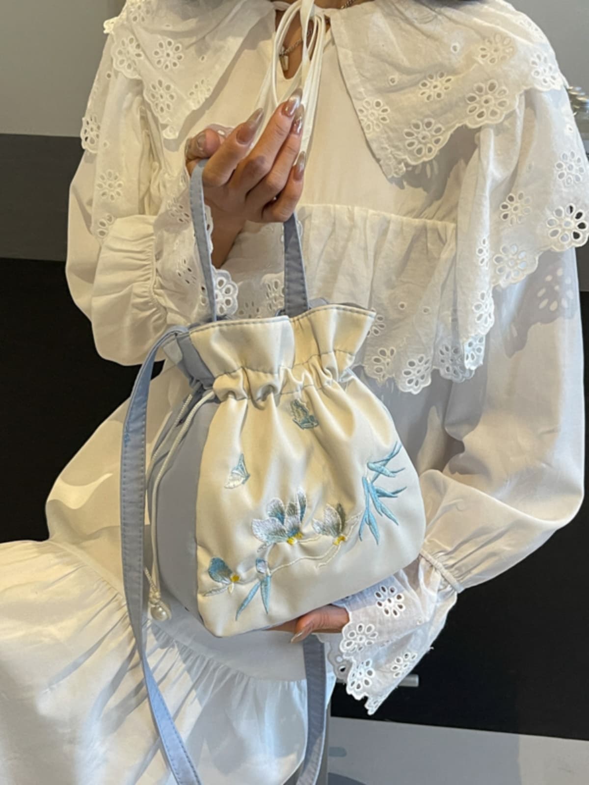 着物バッグ ショルダーバッグ 花鳥刺繍 巾着型ショルダーバッグ