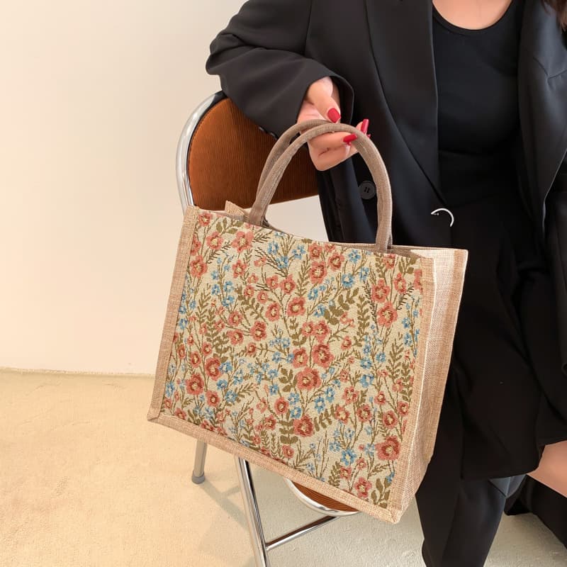 着物バッグ トートバッグ 花草模様の和風トートバッグ