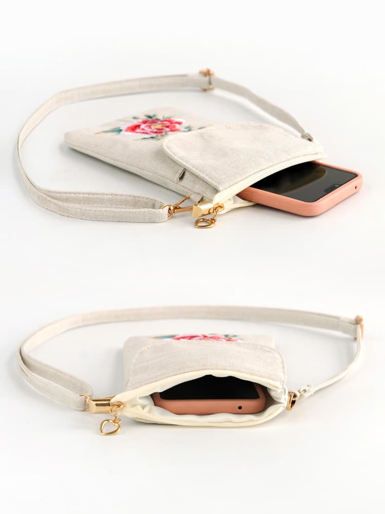 着物バッグ ショルダーバッグ 牡丹刺繍の縦型スマホポーチ