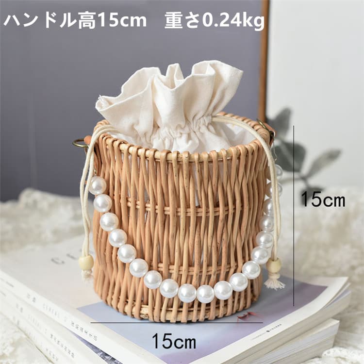 着物バッグ 真珠付き竹編み巾着かごバッグ